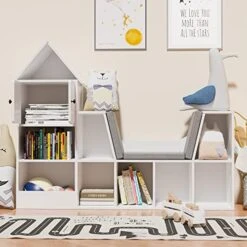 Cozy Castle Wooden Kids Bookshelf With Reading Nook And Book Shelf Storage Organizer, Kids Bookcase With Detachable Cushions For Bedroom, Playroom, Gift For Ages 3+, White -Best Furniture Store 51Ogsk0WYFL