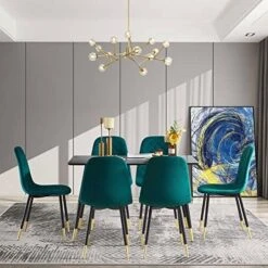 Ufurpie 5-Piece Dining Table Set, 47'' Rectangle Kitchen Table And 4 Green Velvet Chairs, Solid Metal Gold Legs, Perfect For Kitchen, Breakfast, Dining Room Set For 4 -Best Furniture Store 51OiZWxIJsL. AC