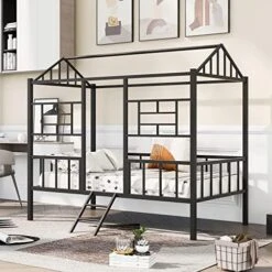 Harper & Bright Designs Twin Size House Bed With Trundle, Metal Kids Platform Bed Frame With Roof, House-Shape Bed Frame Can Be Decorated For Kids Girls Boys Toddlers(Black) -Best Furniture Store 51Oj0UsO8nL. AC