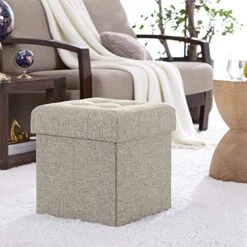 Ornavo Home Foldable Tufted Linen Storage Ottoman Square Cube Foot Rest Stool/Seat - 15" X 15" X 15" (Beige) -Best Furniture Store 51Ott5whO2L