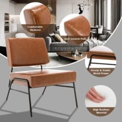 Recaceik Mid-Century Modern Leather Accent Chair, Upholstered PU Leather Chair, Lounge Living Room Chair With Metal Frame, Comfy Reading Armless Chair Home Furniture, Coffee -Best Furniture Store 51P0ZHrCCaL