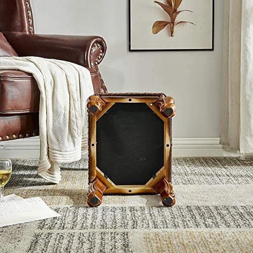 LEILISI Small Footstool Brown Leather Ottoman, Vintage Carved Upholstered Footrest, Rubber Wooden Foot Rest Stool Sofa Stool (Red-Brown) 6 LEILISI Small Footstool Brown Leather Ottoman, Vintage Carved Upholstered Footrest, Rubber Wooden Foot Rest Stool Sofa Stool (Red-Brown) - Image 6