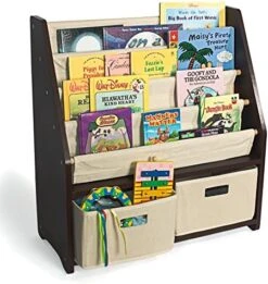 WonkaWoo Kids Sling Bookshelf Wooden Rack, 4 Levels Of Canvas Slings For Large Children Books And 2 Storage Bin Boxes For Toys Organizer, Espresso Shelf With Natural Fabric Slings -Best Furniture Store 51P19Hn fdL. AC