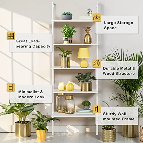 MELLCOM 5 Tier Industrial Ladder Shelf, Wood Modern Bookshelf With Metal Frame, Wall-Mounted Plant Flower Storage Organizer For Living Room, Bathroom, Kitchen, Balcony, White 2 MELLCOM 5 Tier Industrial Ladder Shelf, Wood Modern Bookshelf With Metal Frame, Wall-Mounted Plant Flower Storage Organizer For Living Room, Bathroom, Kitchen, Balcony, White - Image 2