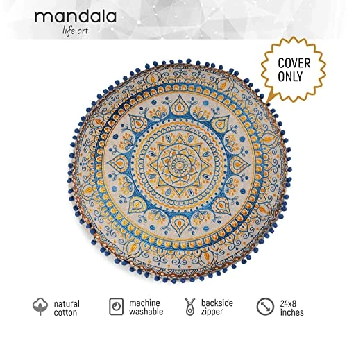 Mandala Life ART Blue Pouf Ottoman Cover -24x8 Inches - Moroccan Décor Pouffe Footstool For Kids Room Living Bedroom Bohemian Furniture 3 Mandala Life ART Blue Pouf Ottoman Cover -24x8 Inches - Moroccan Décor Pouffe Footstool For Kids Room Living Bedroom Bohemian Furniture - Image 3