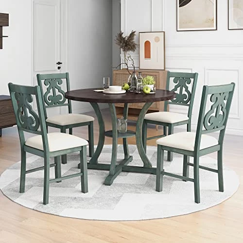 LCH 5 Pieces Round Kitchen 4 Upholstered Chairs And Storage Shelf, Bistro Table Set, For Dining Room (Antique Blue/Dark Brown) 1 LCH 5 Pieces Round Kitchen 4 Upholstered Chairs And Storage Shelf, Bistro Table Set, For Dining Room (Antique Blue/Dark Brown)