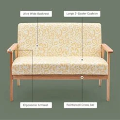 POWERSTONE Modern Upholstered Loveseat, Fabric Loveseat Sofa Couch Wooden 2-Seat Armchair For Home And Office (Yellow, Loveseat) -Best Furniture Store 51PfnQaHt0L