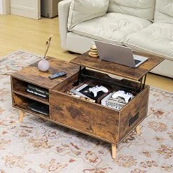 Coffee Table With Storage, Rustic Coffee Table, Wood Lift Top Coffee Table With Charging Station Sofa Table With Metal Frame And And Adjustable Feet, Large Storage Space, Easy Assembly, Rustic Brown