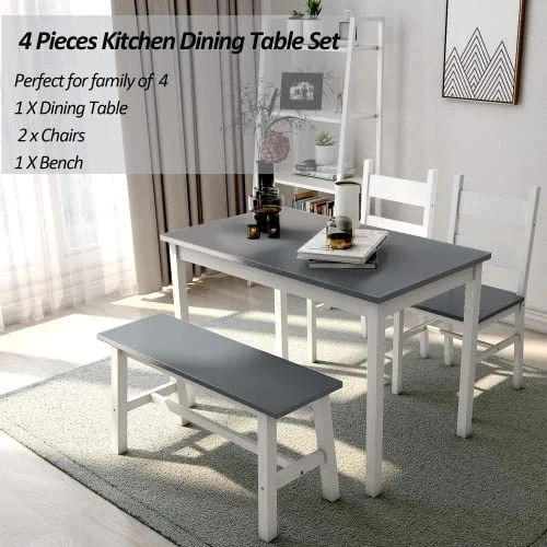 Dining Kitchen Table Set For 4, Solid Wood 4 PC Table And Chair Set, Rectangular Kitchen Table With 2 Chairs And Bench, Modern Farmhouse Dinette Table Set For Kitchen, Dining Room, Easy Assembly 2 Dining Kitchen Table Set For 4, Solid Wood 4 PC Table And Chair Set, Rectangular Kitchen Table With 2 Chairs And Bench, Modern Farmhouse Dinette Table Set For Kitchen, Dining Room, Easy Assembly - Image 2