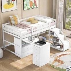 Harper & Bright Designs Twin Loft Bed With Multifunctional Movable Built-in Desk, Wood Low Loft Bed With Stairs, For Kids Teens Girls Boys - White 15 Harper & Bright Designs Twin Loft Bed With Multifunctional Movable Built-in Desk, Wood Low Loft Bed With Stairs, For Kids Teens Girls Boys - White -Best Furniture Store 51Q6 H6dyL. AC