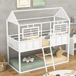 Harper & Bright Designs Low Bunk Bed Twin Over Twin House Bunk Bed Frame For Kids Girls Boys (Twin Size, White) -Best Furniture Store 51Q6ENmuhhL. AC