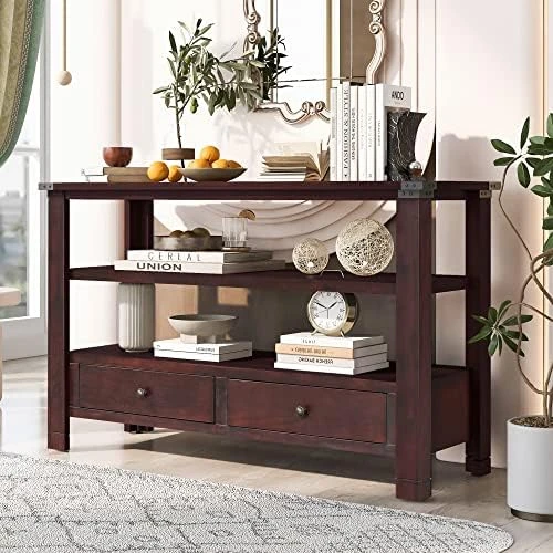 RUNNA 46'' Solid Wood Console Table Series Buffet Sideboard Sofa With 4 Drawers/2 Doors Cabinet/Bottom Display Shelf For Living Room, Kitchen, Dining & Hallway (Espresso + Wood), 46''Lx15''Wx34''H 14 RUNNA 46'' Solid Wood Console Table Series Buffet Sideboard Sofa With 4 Drawers/2 Doors Cabinet/Bottom Display Shelf For Living Room, Kitchen, Dining & Hallway (Espresso + Wood), 46''Lx15''Wx34''H - Image 14