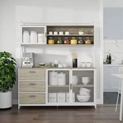 AIEGLE Large Kitchen Hutch Storage Cabinet, Pantry Cabinets With Hutch, Metal Frame Cupboard With Mesh Door, Drawer & Microwave Shelf, Freestanding Kitchen Storage, Rustic (59" W X 15.7" D X 68.5" H) -Best Furniture Store 51QVFl1L9L. AC