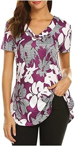 Going Out Tops For Women Floral Printed Hide Belly Tunic Blouses Casual V Neck Buttons Pullover Short Sleeve T-Shirts -Best Furniture Store 51QaxSS7ZIL. AC 1