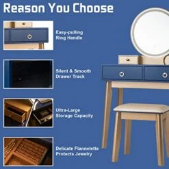 Anity Set With Touch Screen Dimming Mirror, 3 Color Lighting Modes, Dressing Table With 4 Sliding Drawers, Modern Bedroom Makeup Table And Cushioned Stool Set For Women Girls (Navy) -Best Furniture Store 51QlyHA0IJL