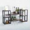 Industrial Hanging Wine Rack Wall Mounted With 5 Stem Glass Holder,47.2in Rustic Wine Glass Rack Wall Mount,Wine Bottle Holder Wall Shelf Wood Shelves,Wine Glass Shelf Metal Floating Bar Shelves
