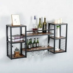 Industrial Hanging Wine Rack Wall Mounted With 5 Stem Glass Holder,47.2in Rustic Wine Glass Rack Wall Mount,Wine Bottle Holder Wall Shelf Wood Shelves,Wine Glass Shelf Metal Floating Bar Shelves