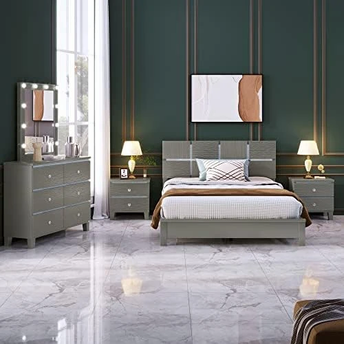 Queen Size Platform Bed With 2 Nightstands, 3 Pieces Queen Bedroom Set, Wood Queen Bed With Headboard, Queen Bedroom Furniture Sets (Champagne Silver) 9 Queen Size Platform Bed With 2 Nightstands, 3 Pieces Queen Bedroom Set, Wood Queen Bed With Headboard, Queen Bedroom Furniture Sets (Champagne Silver) - Image 9