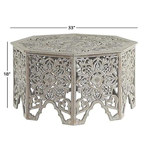 Deco 79 Wood Floral Handmade Intricately Carved Coffee Table With Hollow Interior, 33" X 33" X 18", Light Gray 3 Deco 79 Wood Floral Handmade Intricately Carved Coffee Table With Hollow Interior, 33" X 33" X 18", Light Gray - Image 3