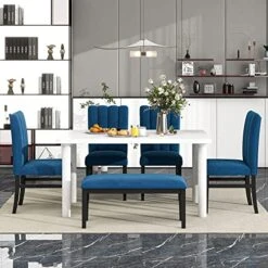 YUNLife 6 Piece Kitchen And Dining Furniture Set, Marble Veneer Table And 4 Flannelette Upholstered Chairs & Bench For Living Room, Breakfast Nook, Dinette, White+Blue
