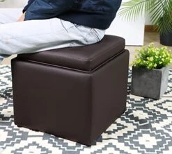 PRIVATE GARDEN Square Storage Ottoman With Tray, Faux Leather Upholstered Footrest Stool, Seat As Side Table Coffee Table For The Living Room, Bedroom, Contemporary (Black Brown/Dark Brown) -Best Furniture Store 51RFn4F7AQL