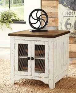 Signature Design By Ashley Wystfield Farmhouse End Table With Storage, Distressed White & Brown Finish -Best Furniture Store 51RIom150NL