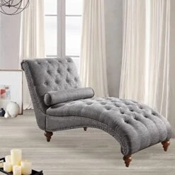 Rosevera Sereno Polyester Upholstered Button Tufting With Toss Pillow Chaise Lounge Chair For Indoor Bedroom, Linen Gray