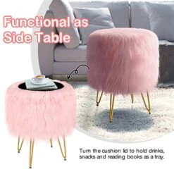 GREENSTELL Vanity Stool Chair With Storage, 15.75" W X 19.29" H Round Faux Fur Ottoman With 4 Metal Legs, Furry Padded Seat, Modern Multifunctional Makeup Stool For Bedroom Living Room Pink -Best Furniture Store 51RQmcjT5hL