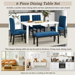 YUNLife 6 Piece Kitchen And Dining Furniture Set, Marble Veneer Table And 4 Flannelette Upholstered Chairs & Bench For Living Room, Breakfast Nook, Dinette, White+Blue -Best Furniture Store 51RVIDlN4RL