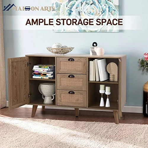 MAISON ARTS Buffet Sideboard Rattan Storage Cabinet With 3 Drawers And 2 Doors & Shelves, Kitchen Cabinet Buffet Cupboard Table With Spacious Table Top For Kitchen Dining Room Living Room 3 MAISON ARTS Buffet Sideboard Rattan Storage Cabinet With 3 Drawers And 2 Doors & Shelves, Kitchen Cabinet Buffet Cupboard Table With Spacious Table Top For Kitchen Dining Room Living Room - Image 3