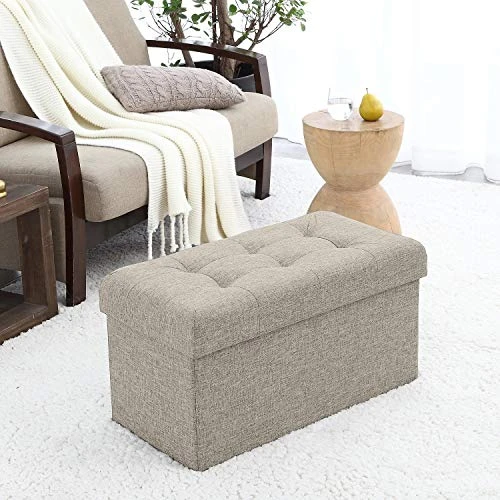 Ornavo Home Foldable Tufted Linen Large Storage Ottoman Bench Foot Rest Stool/Seat - 15" X 30" X 15" (Beige) 3 Ornavo Home Foldable Tufted Linen Large Storage Ottoman Bench Foot Rest Stool/Seat - 15" X 30" X 15" (Beige) - Image 3