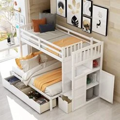 GENERIC Twin Over Twin/Full Bunk Bed With Storage Shelves Drawers Bottom Convertible From To Full For Kids Teens White Modern Contemporary Unisex Nature Space Pine Includes Hardware -Best Furniture Store 51RrDuuEvdL