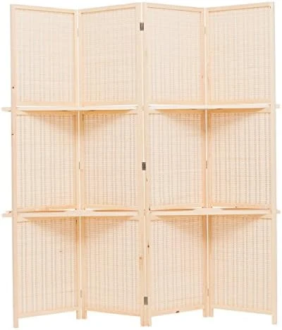 THY COLLECTIBLES Freestanding Wood Frame Woven Bamboo 4 Panels Hinged Privacy Panel Screen Partition Wall With 2 Display Shelves Holding Room Divider With Shelves-Bamboo (Brown) 2 THY COLLECTIBLES Freestanding Wood Frame Woven Bamboo 4 Panels Hinged Privacy Panel Screen Partition Wall With 2 Display Shelves Holding Room Divider With Shelves-Bamboo (Brown) - Image 2