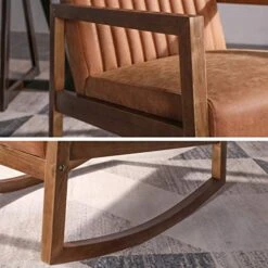 HNY Mid Century Rocking Nursery Chair With Wood Frames, Faux Leather Upholstered Farmhouse Living Room Armchair, For Living Room Bedroom, Light Brown 17 HNY Mid Century Rocking Nursery Chair With Wood Frames, Faux Leather Upholstered Farmhouse Living Room Armchair, For Living Room Bedroom, Light Brown -Best Furniture Store 51SI9vGBB2L