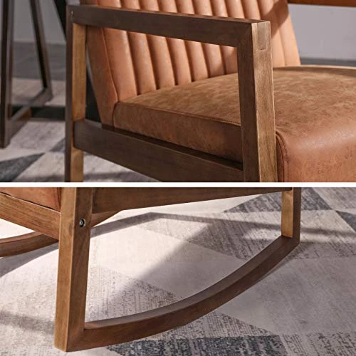 HNY Mid Century Rocking Nursery Chair With Wood Frames, Faux Leather Upholstered Farmhouse Living Room Armchair, For Living Room Bedroom, Light Brown 3 HNY Mid Century Rocking Nursery Chair With Wood Frames, Faux Leather Upholstered Farmhouse Living Room Armchair, For Living Room Bedroom, Light Brown - Image 3