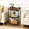 HOOBRO Tall Side Table, Industrial End Table With Adjustable Metal Mesh Basket, Telephone Table With Storage Shelf For In Bedroom, Living Room, Hallway, Easy Assembly, Rustic Brown BF02DH01