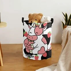 Custom Name Strawberry Cow Pattern Storage Bin Waterproof Nursery Storage Basket With Durable Handles Dirty Clothes Hamper For Bedroom Bathroom -Best Furniture Store 51SLfnQOnUL