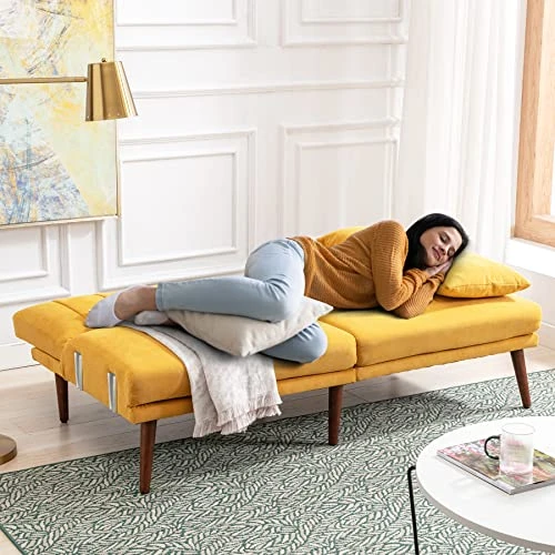 BNEHS Convertible Sofa Bed With Adjustable Backrest,Futon Loveseat Couch Bed With Wooden Frame & Leg - Modern Sleeper Sofa With Storage For Small Living Room,Dorm,Studio(Yellow) 2 BNEHS Convertible Sofa Bed With Adjustable Backrest,Futon Loveseat Couch Bed With Wooden Frame & Leg - Modern Sleeper Sofa With Storage For Small Living Room,Dorm,Studio(Yellow) - Image 2