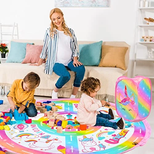 Toy Storage Baskets And Play Mat - Collapsible XL Toy Organizer For Kids, Portable Toy Storage Bin Holders For Block Game Toys,Unicorn Storage Baskets For Girls (Pink Unicorn) 4 Toy Storage Baskets And Play Mat - Collapsible XL Toy Organizer For Kids, Portable Toy Storage Bin Holders For Block Game Toys,Unicorn Storage Baskets For Girls (Pink Unicorn) - Image 4