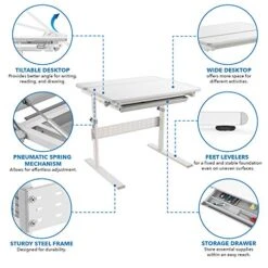MOUNT-IT! Height Adjustable Desk For Kids [31.5" X 26"] Children's Workstation With Tilting Desktop And Drawer For Storage, Ergonomic Study Table For Writing, Drawing, Reading, Studying (Gray)