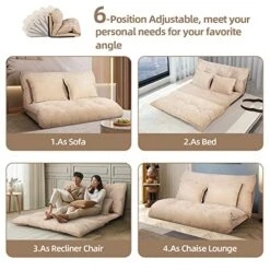 Sucrever Floor Sofa Chair With Adjustable 6-Position And 2 Pillows For Adults, Folding Lazy Sofa Sleeper Bed Couch For Reading Or Gaming, Chaise Lounge Chair For Bedroom Living Room, Beige -Best Furniture Store 51SlS4D7maL