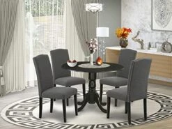 East West Furniture DLEN5-BLK-20 5Pc Round 42" Kitchen Table With Two 9-Inch Drop Leaves And Four Parson Chair With Black Leg And Linen Fabric Dark Gotham Grey, 5 20 East West Furniture DLEN5-BLK-20 5Pc Round 42" Kitchen Table With Two 9-Inch Drop Leaves And Four Parson Chair With Black Leg And Linen Fabric Dark Gotham Grey, 5 -Best Furniture Store 51SmxfNapL. AC
