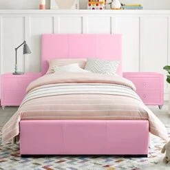 Hindes Upholstered Platform Bed, Pink, Full With 1 Nightstand