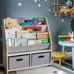 WonkaWoo Kids Sling Bookshelf Wooden Rack, 4 Levels Of Canvas Slings For Large Children Books And 2 Storage Bin Boxes For Toys Organizer, Espresso Shelf With Natural Fabric Slings -Best Furniture Store 51T8j4B6bfL. AC