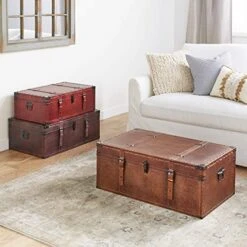 Wood Nesting Upholstered Trunk With Vintage Accents And Studs, Set Of 3 32", 29", 26"W, Brown