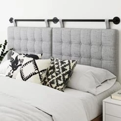 Harlow Modern Wall Mount Hanging Upholstered Headboard, Queen, Gray With Brown Faux Leather Straps -Best Furniture Store 51TCowKWnSL. AC