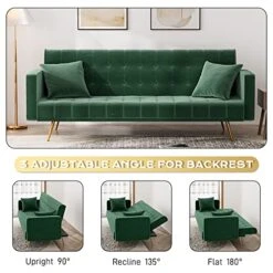 OUYESSIR Velvet Futon Sofa Bed, Convertible Sofa Bed With 3 Adjustable Backrest Angles, Sturdy Sleeper Sofa In 71", Small Futon Sofas For Living Room, Apartment, Futon Couch In Green (Without Pillows) -Best Furniture Store 51TLcNuOMTL