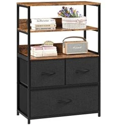 Dresser For Bedroom 3 Drawer Dresser With Shelves Black Dresser For Closet Fabric Chest Of Drawers Vertical Storage Tower For Bedroom, Living Room, Nursery, Entryway, Sturdy Metal Frame