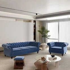 2 Piece Living Room Set, Velvet Chesterfield Sofa Loveseat Couch With Scroll Arms And Nailhead For Living Room, Office (Grey) -Best Furniture Store 51TaHVL4c6L. AC