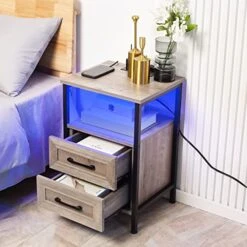HOSEOKA Grey Nightstand With Charging Station And RGB Lights, Night Stand Rustic End Table With 2 Drawers With USB Ports And Outlets Bedside Tables For Living Room Bedroom Office